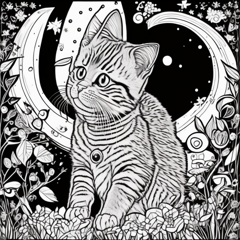 Desenhe um cenário noturno estilo  jardim secreto, apresentando um gato sombrio em um telhado rodeado por prédio e uma rua vazia. A imagem deve ser em preto e branco, sem sombras ou cores. Crie uma ilustração rica em elementos para colorir à mão, desenhe com enfase no gato