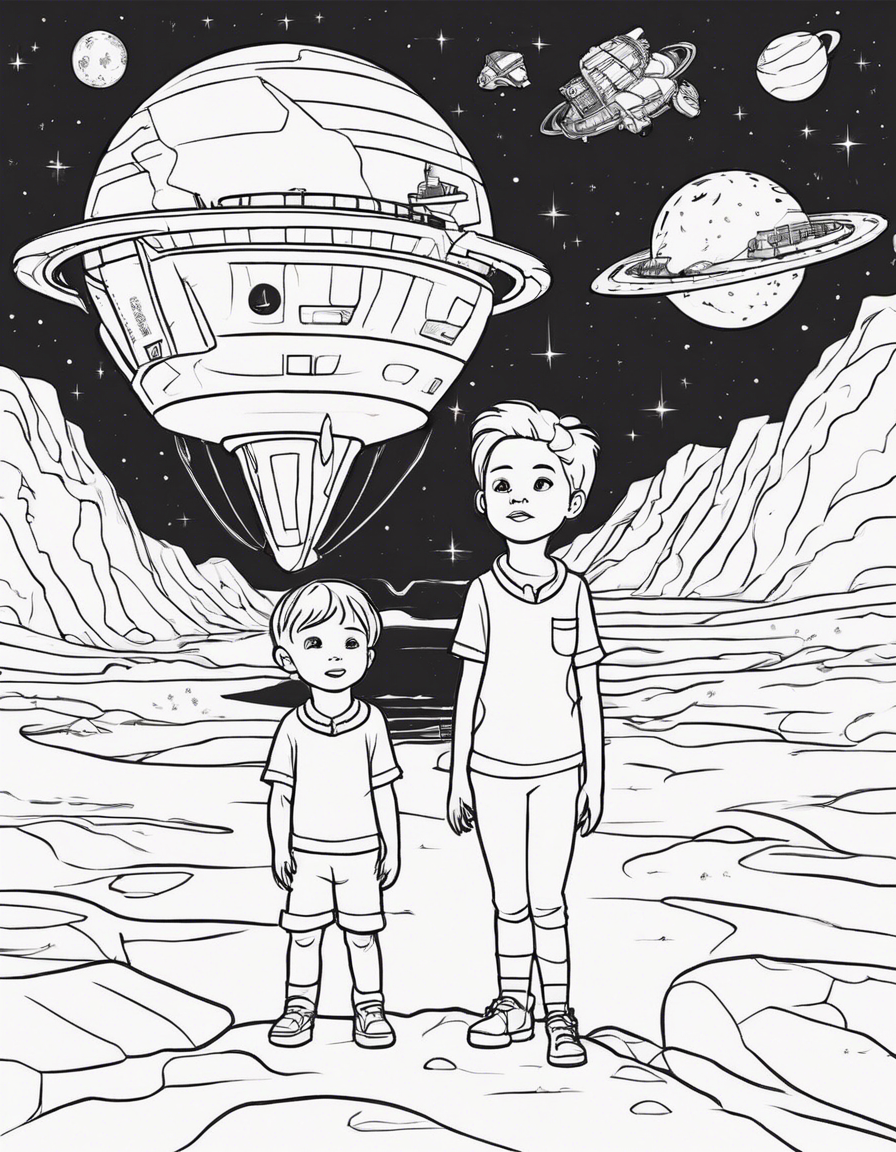 little boy and his mother got out of the ship and stood on an alien planet coloring page