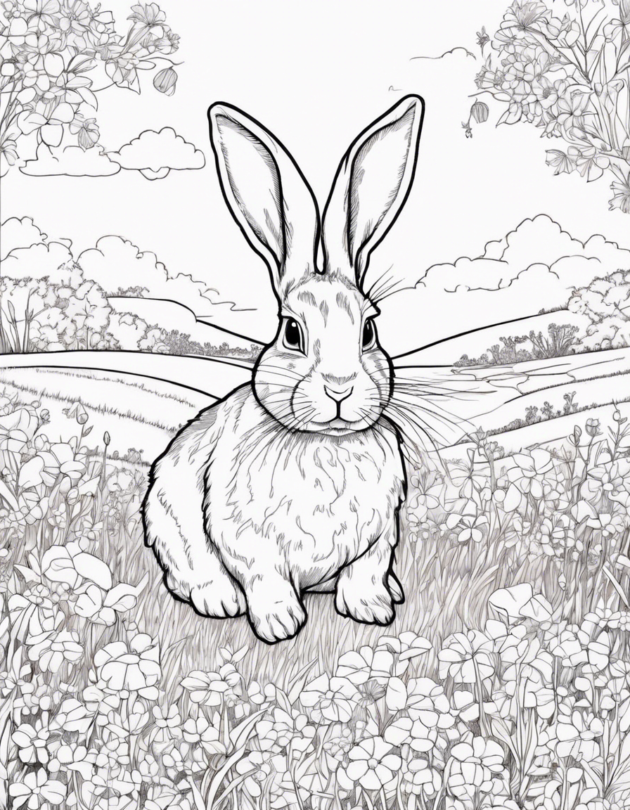 Rabbit, "Bunny Meadows: Hop into a picturesque meadow with our adorable rabbit friend. Envision rolling hills, blooming flowers, and a bright blue sky. Unleash your coloring magic as you add lively colors to the rabbit's fur and create a whimsical setting for this charming bunny. Join in the coloring fun and turn this meadow into a cozy haven of joy and creativity!" coloring page