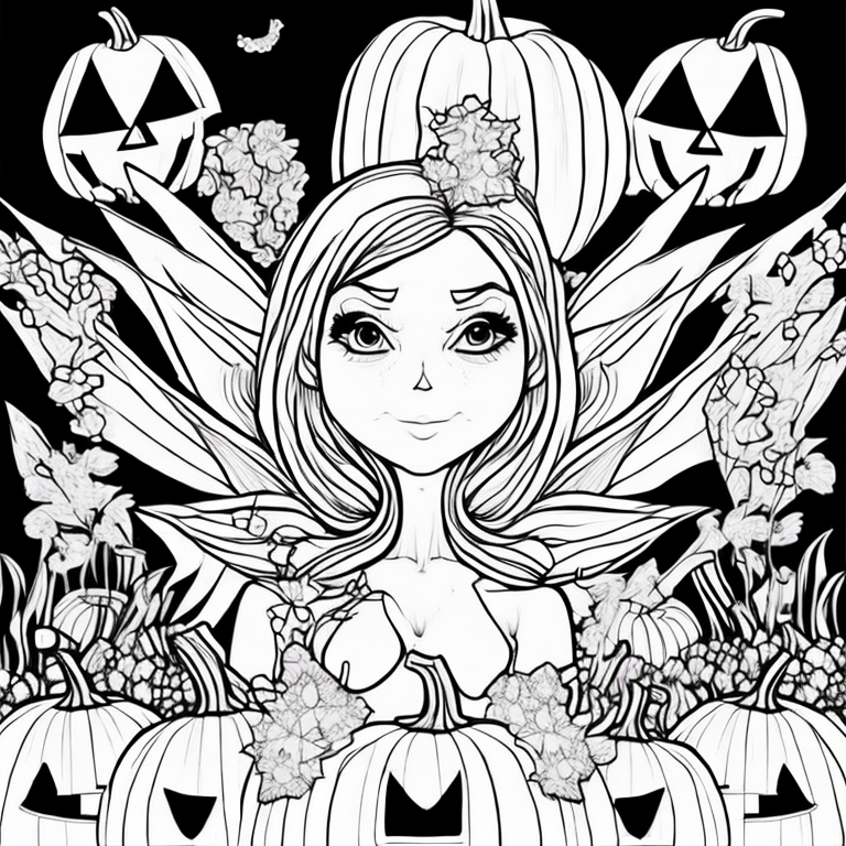 Halloween, fairy, adult woman, pumpkin, whimsical adult coloring page 