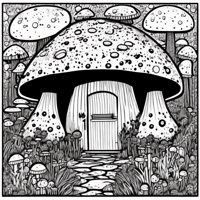 mushroom shaped house, frog, cute coloring page