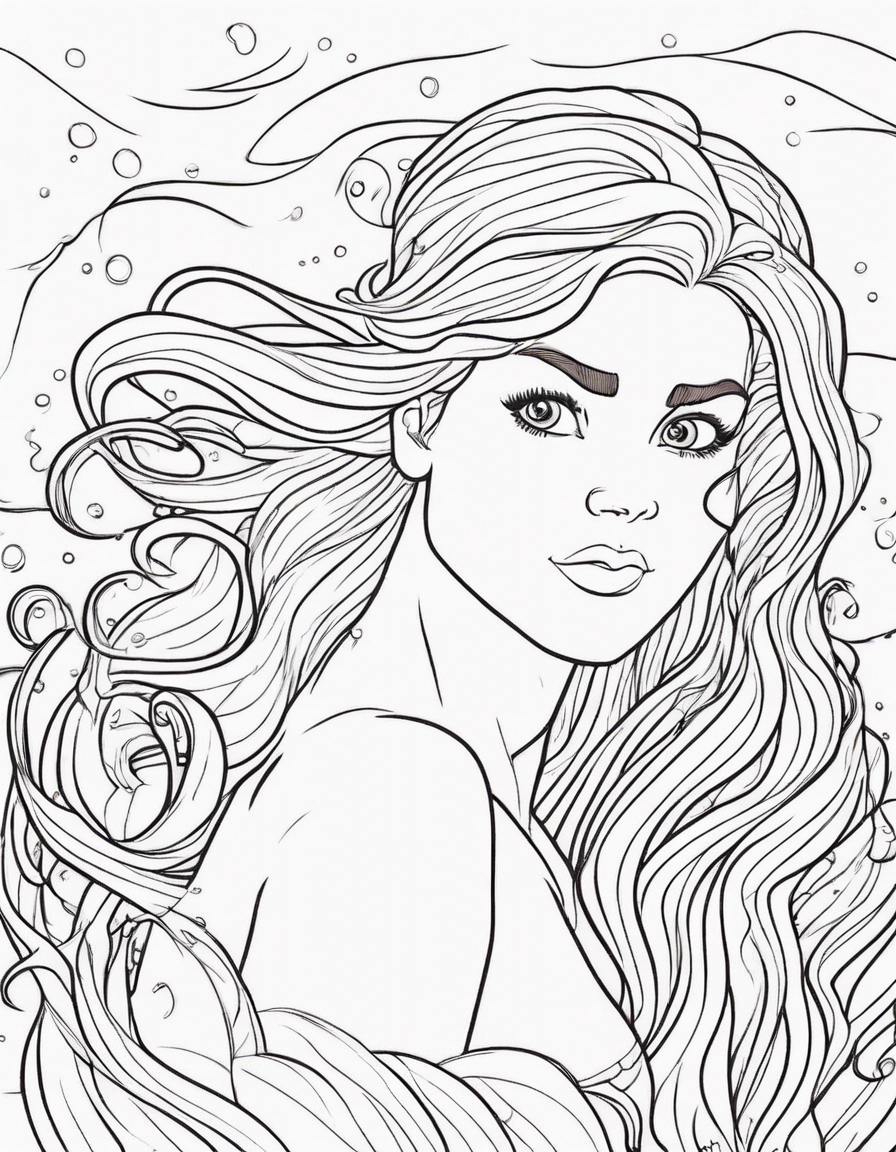 The Little Mermaid brushing her long, flowing hair coloring book coloring page