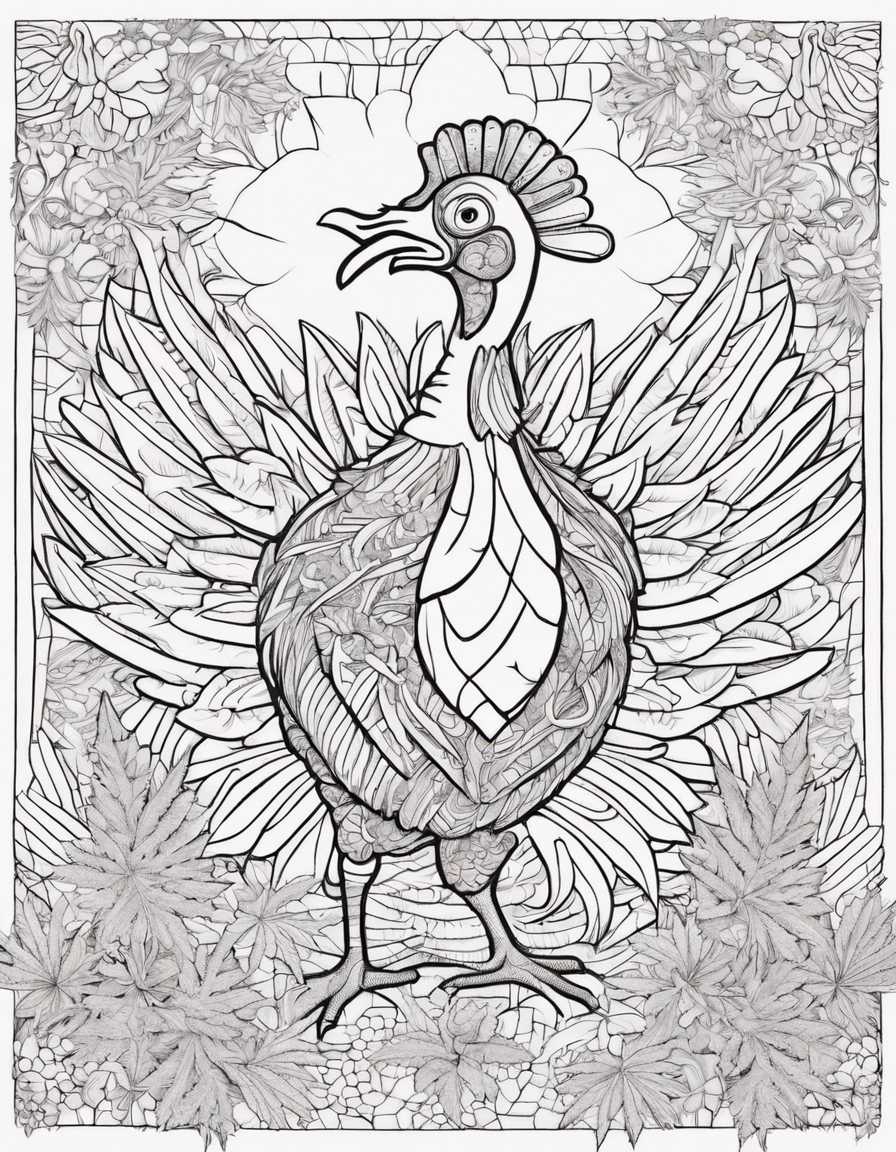 "Design a coloring book page featuring a cartoon turkey surrounded by an assortment of detailed, textured cannabis buds and leaves. The turkey, posed at the center, has a relaxed and content expression. The feathers are stylized with fine lines and patterns suitable for coloring. The cannabis elements should be highly detailed, providing a variety of textures and shapes that invite artistic shading and embellishment. The entire image should have bold outlines with clear spaces between elements to allow for easy coloring, yet maintain a rich level of detail to engage older enthusiasts of coloring." coloring page