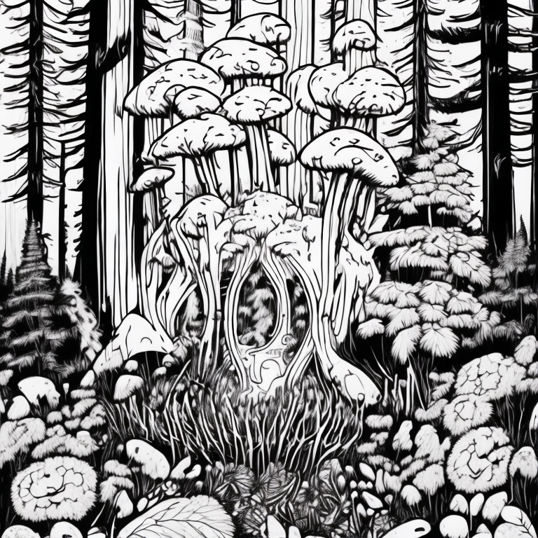 chanterelle mushrooms poking out of the duff and ferns of a pacific northwest forest coloring page