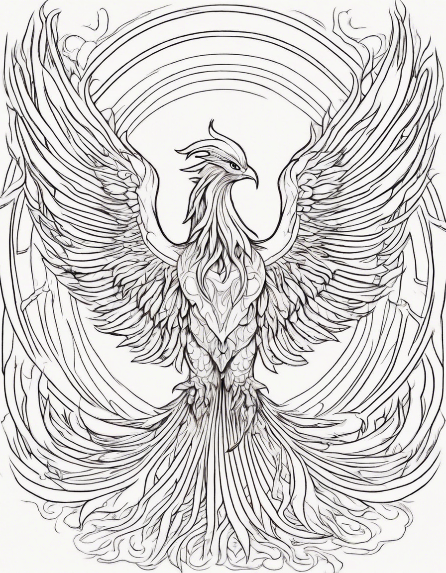 A phoenix rising from the ashes with the sun as its backdrop, symbolizing rebirth, renewal, and overcoming challenges. coloring page