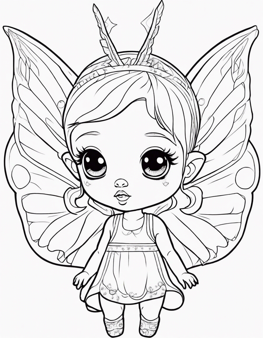 full length, full sized character illustration of a cute adorable Chibi style female baby fairy with pointed ears, big starry eyes with lush long eyelashes and a tiny nose. she has two wings growing out of her back. plain white background! coloring page