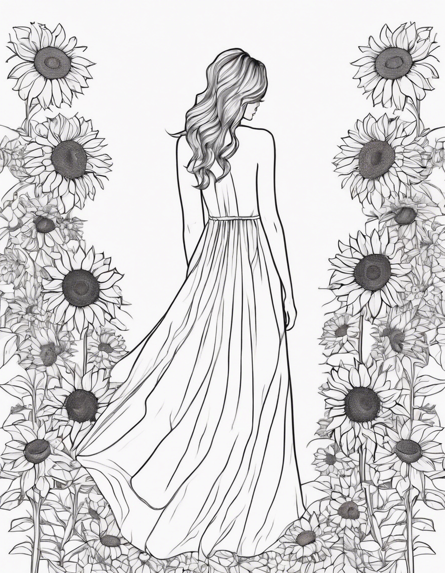 Flowing dress made of literal sunflowers coloring page