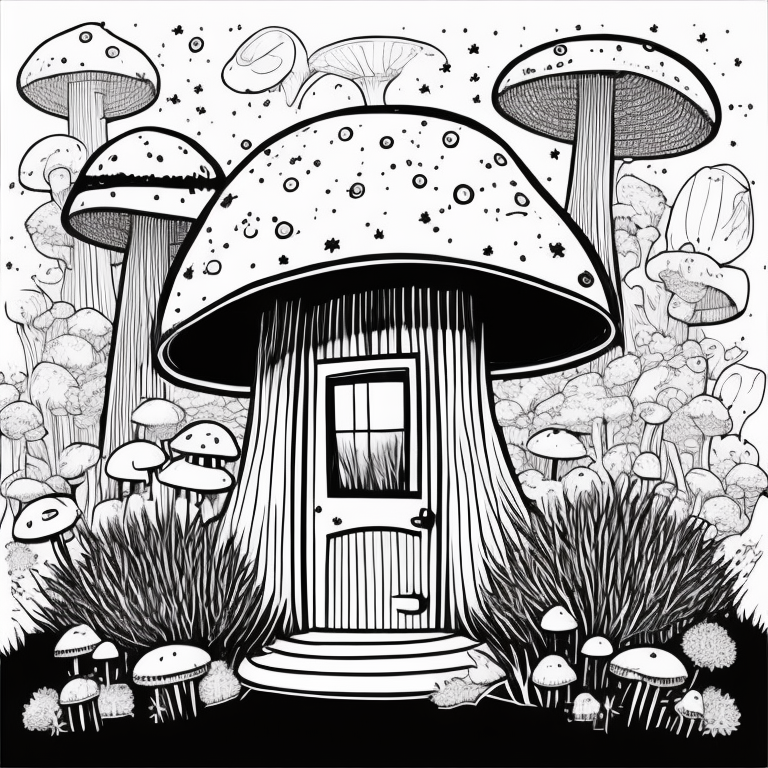 mushroom shaped house, cute coloring page