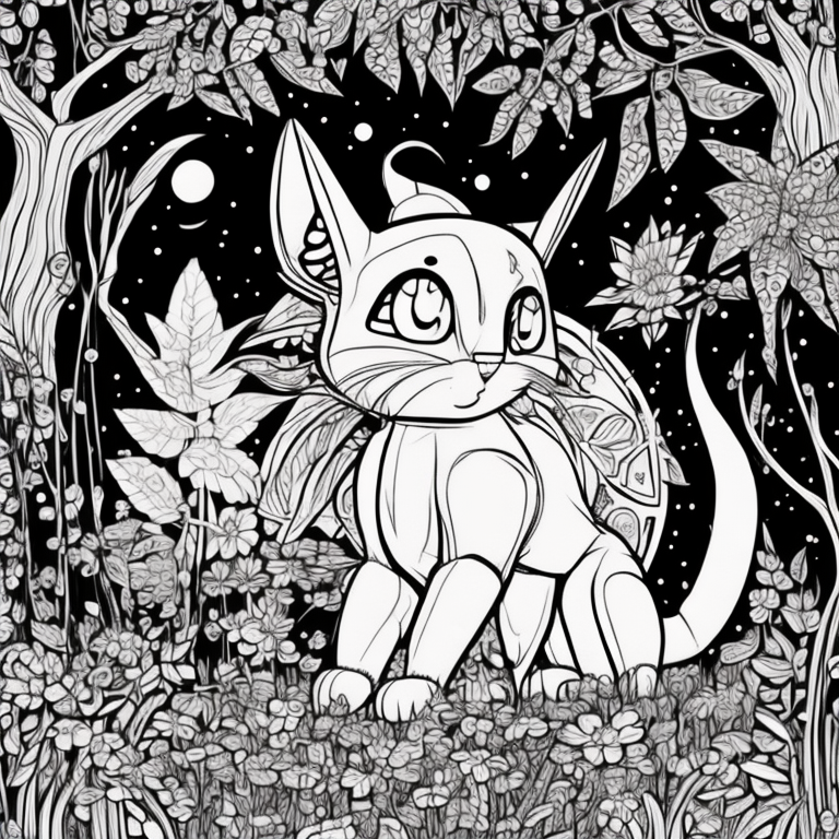 Design an adult coloring page illustrating the shadow cat and its cosmic guide discovering a hidden pool of moonlit water within the dream realm, surrounded by luminescent flora that radiates ethereal energy. Utilize a continuous line drawing style with simple lines, designed for easy coloring while retaining a realistic feel. Convey a sense of enchantment and a connection to the mystical through delicate intricacies and a tranquil atmosphere. Present the image in black and white against a white background, aligning with the popular aesthetic preferences seen on platforms like ArtStation. Ensure a clear focus and intricate composition, providing colorists with an immersive and spiritually uplifting coloring experience.