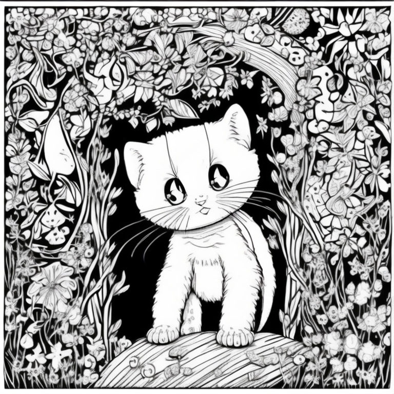 crie um gatinho preto e branco para colorir coloring page