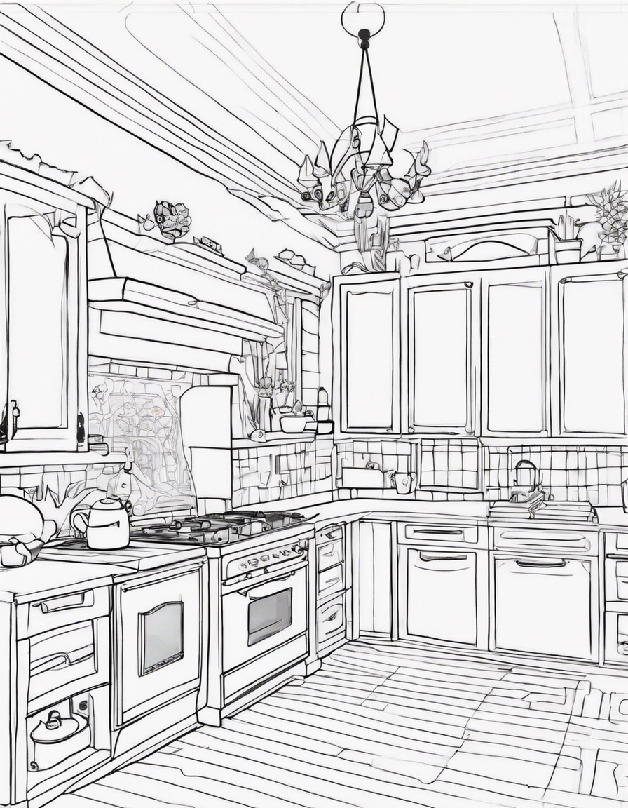 home interior design kitchen, aesthetic boho and Scandinavian design kitchen coloring book page, Coloring Page, black and white, line art, white background, Simplicity, Ample White Space. The background of the coloring page is plain white to make it easy for young children to color within the lines. The outlines of all the subjects are easy to distinguish, making it simple for kids to color without too much difficulty coloring page