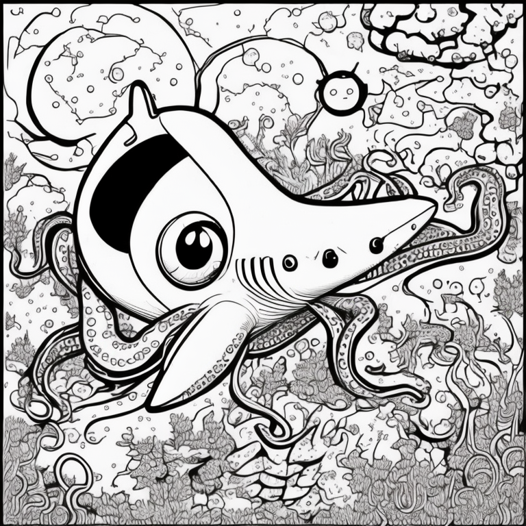 A shark and an octopus playing, outline illustration, for kids,  coloring page