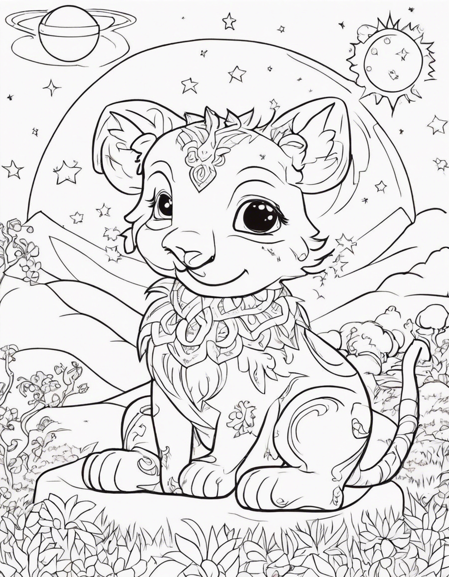 Leãozinho Solar: Desenhe um leãozinho pequeno com uma juba de raios de sol dourados. Ele pode ter uma cauda felpuda e segurar uma pequena estrela em sua pata. Este leão adora brincar durante o dia e dormir sob as estrelas à noite. coloring page