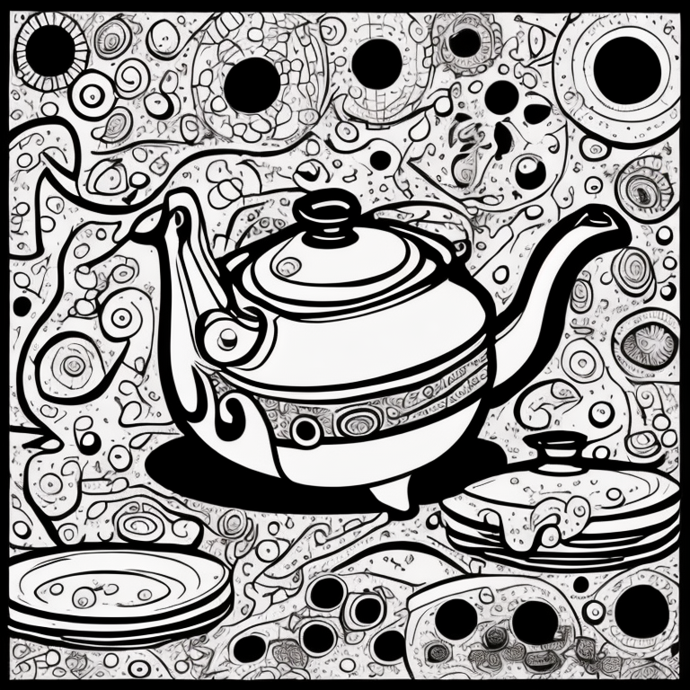 cute dancing teapot and plates on side coloring page