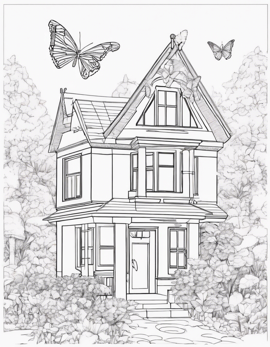 Butterfly and house coloring page