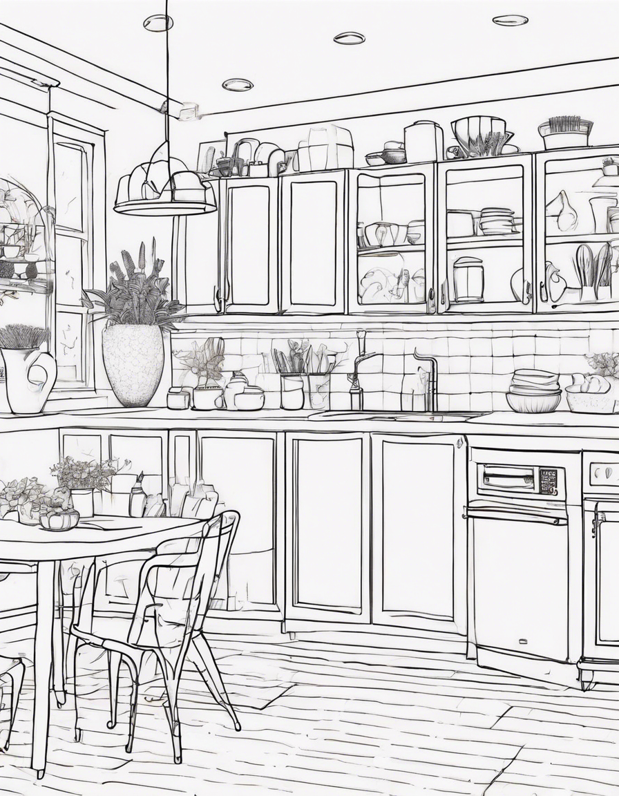 home interior design kitchen, aesthetic boho and Scandinavian design kitchen coloring book page, Coloring Page, black and white, line art, white background, Simplicity, Ample White Space. The background of the coloring page is plain white to make it easy for young children to color within the lines. The outlines of all the subjects are easy to distinguish, making it simple for kids to color without too much difficulty coloring page