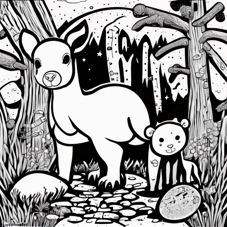 A baby mountain paca is playing with a Central American Agouti and with an Armadillo, the three characters are playing in the forest with a small white ovoid stone with a hole in the middle.