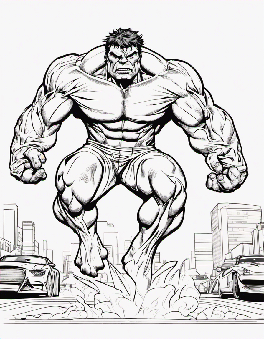 Hulk throwing a 2023 Ford Mustang  coloring page