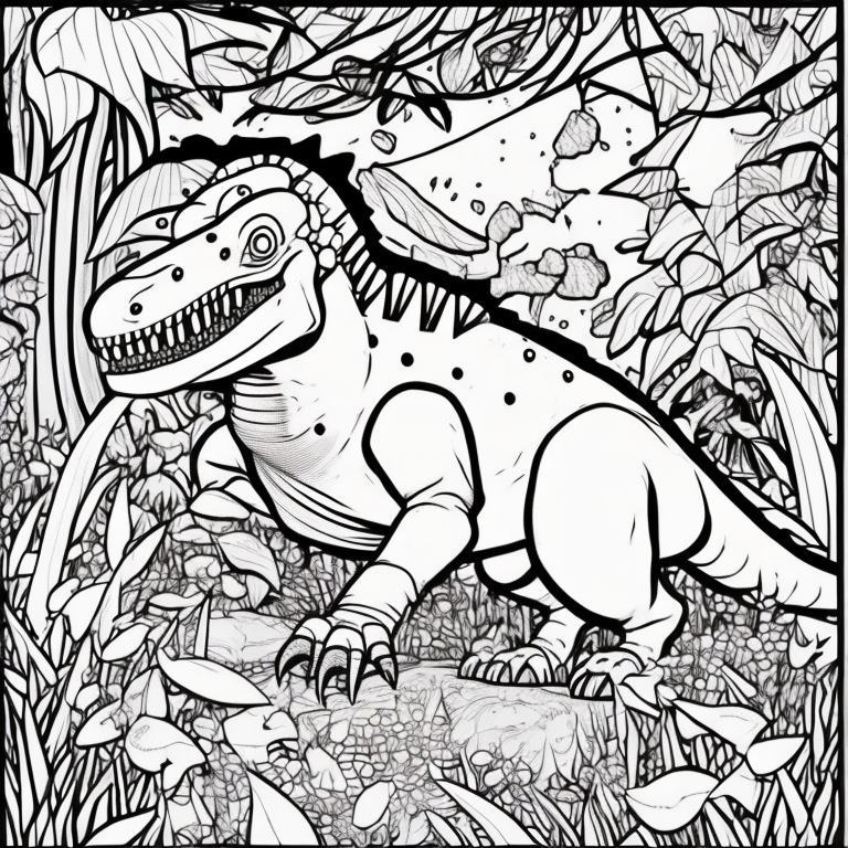 coloring page for kids, tyranosaurus rex in a jungle, cartoon style, thick lines, low detail, no shading --ar 9:11 --v 5- coloring page