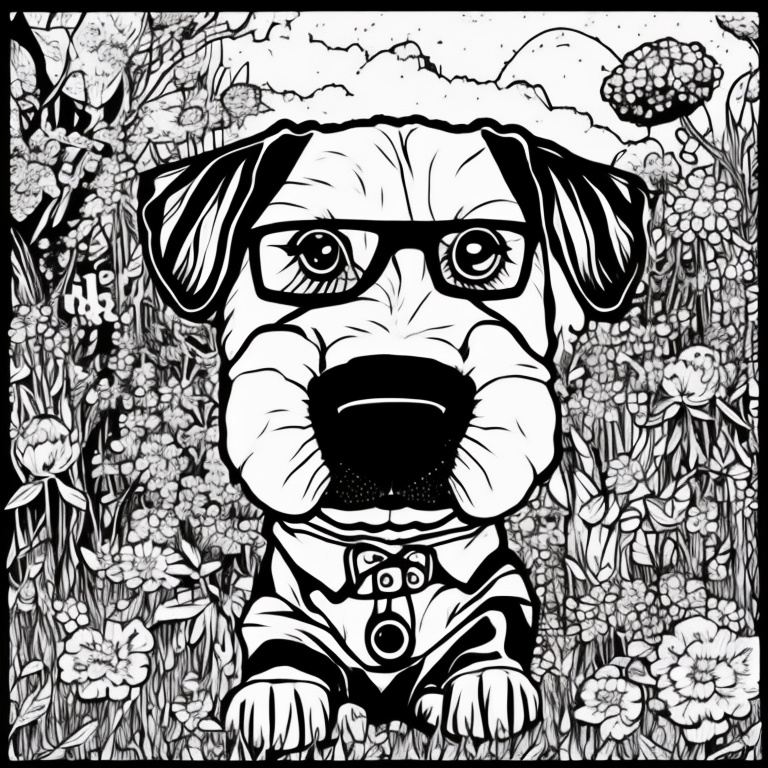 Coloring page for 5~7 years old kids, dog in a garden, cartoon style, low detail, thick line, no shadow, ar 9:11