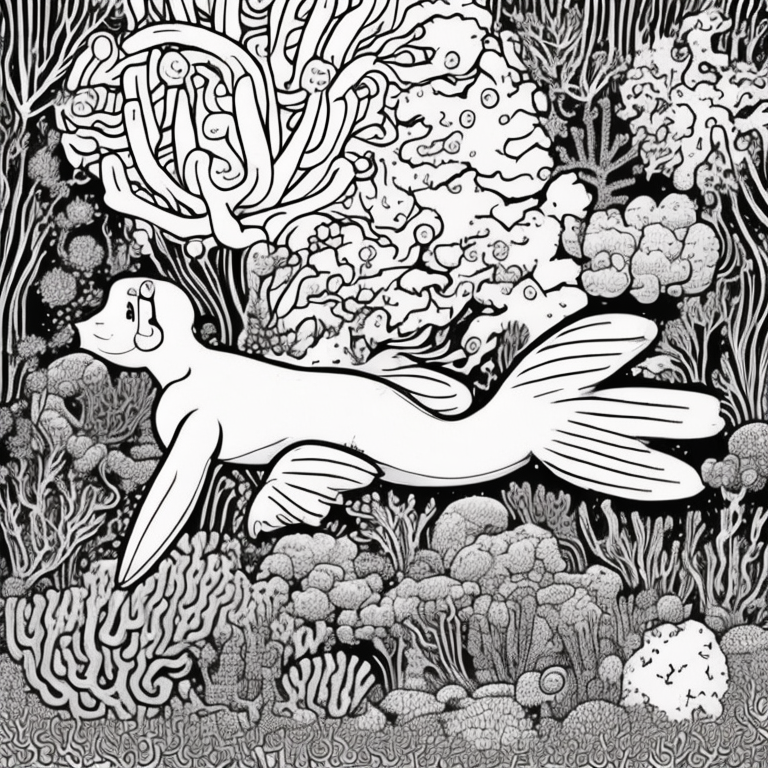 mermaid in a coral reef coloring page