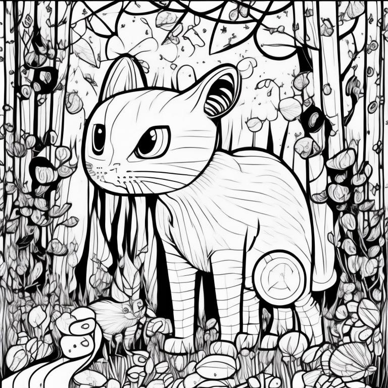 Create an adult coloring page depicting the shadow cat at night amidst small creatures in the forest. Utilize a continuous line drawing style with simplistic lines, ensuring easy coloring. Capture the essence of the nocturnal scene with minimalist details and a serene ambiance. Present the image in black and white against a white background, following the trending aesthetic on platforms like ArtStation. Maintain a sharp focus and finely detailed composition, providing an engaging coloring experience. coloring page
