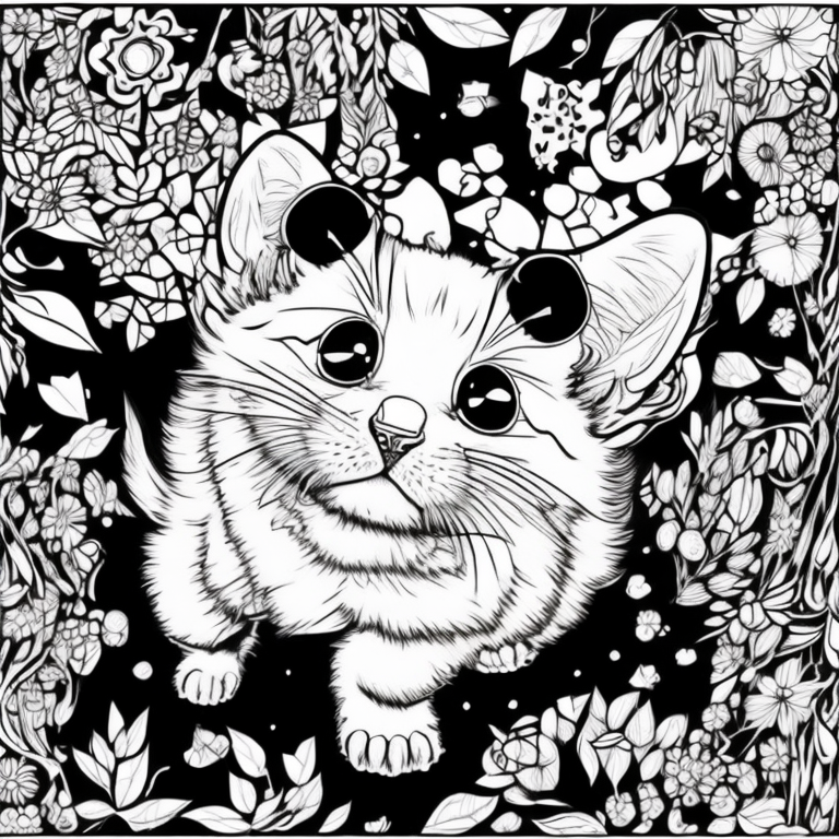 crie um gatinho preto e branco para colorir coloring page