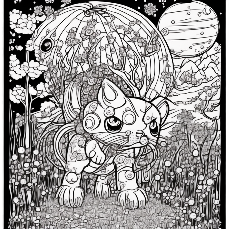 Create an adult coloring page illustrating the shadow cat's presence during a serene moonlit ceremony. Depict lanterns gently floating on a tranquil lake, casting a soft reflection. The ambiance should evoke a connection with ancestral spirits guided by lantern light. Design the scene with intricate details, avoiding extra shading or colors to immerse colorists in the magical setting while hand-coloring.