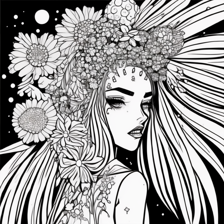 a pencil drawing of an artistic woman with flowers in her hair, in the style of light crimson and light beige, color splash, bold graphic illustrations, anime-inspired, dark white and light magenta, airbrush art, loose and fluid