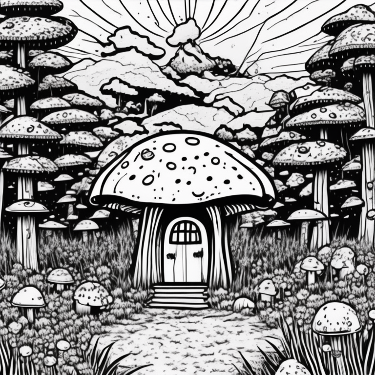 mushroom shaped house, cute coloring page