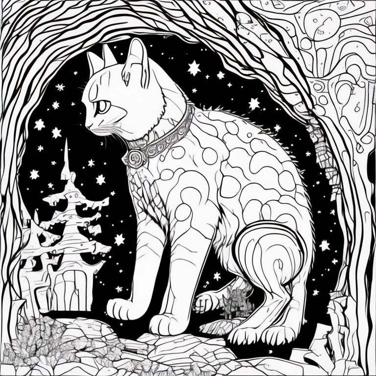 Design an adult coloring page depicting the shadow cat discovering an ancient mirror within a mystical cave. Utilize a continuous line drawing style with simple lines, ensuring easy coloring while maintaining a realistic approach. Capture the essence of the enigmatic moment through minimalist details and a serene ambiance. Present the image in black and white against a white background, aligning with the contemporary aesthetic trends found on platforms like ArtStation. Ensure a clear focus and intricate composition, providing colorists with an immersive and contemplative coloring experience. coloring page