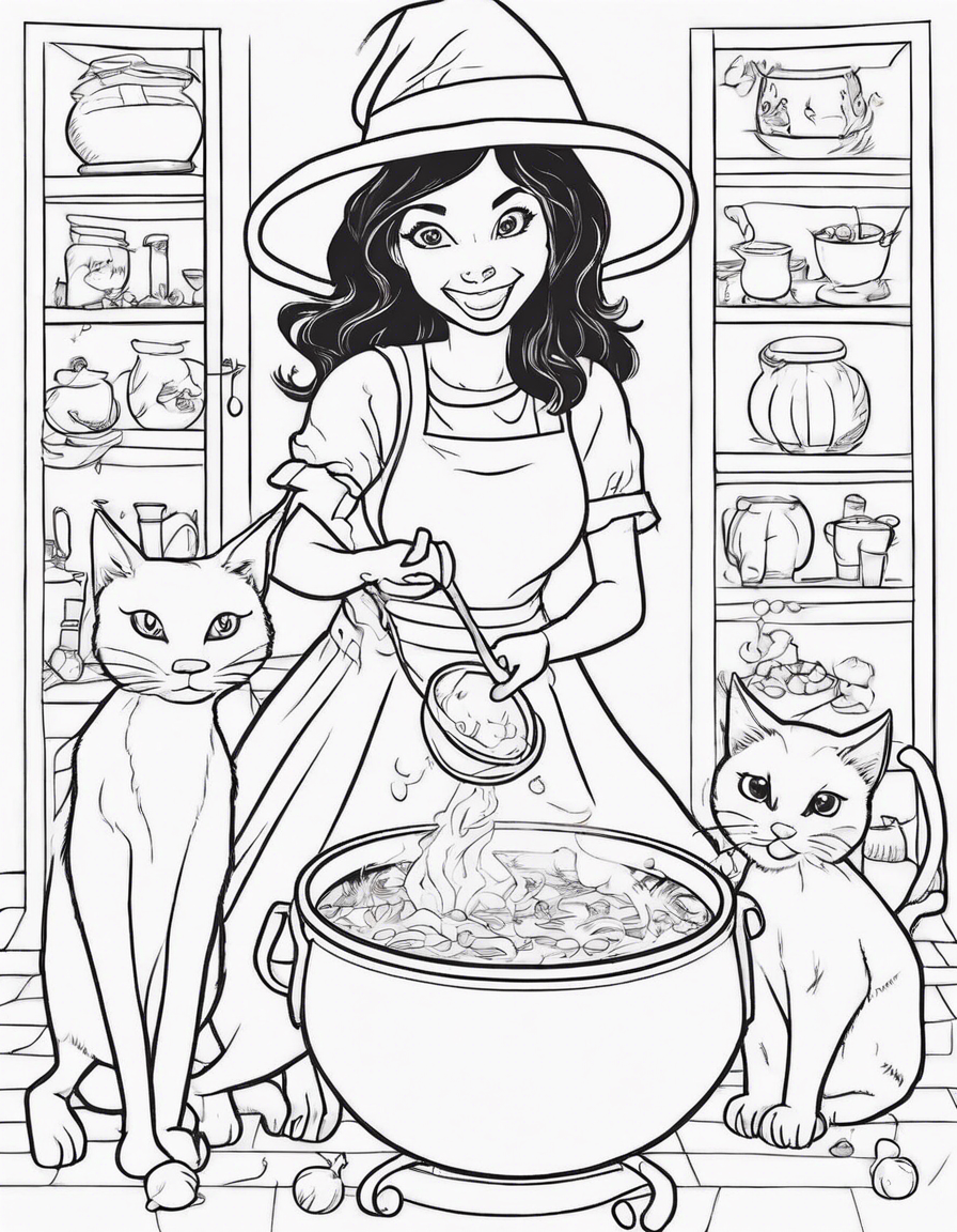 a cute witch playing making food with her cauldron and with some happy kittens around her in a fun environment, drawing for children to color  coloring page