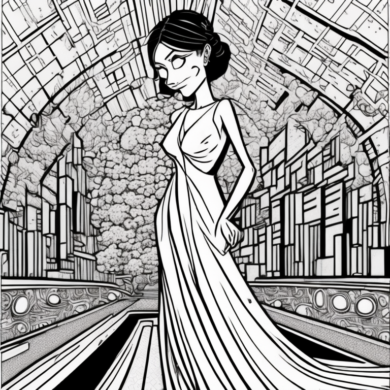 Modern wedding dress bride coloring page