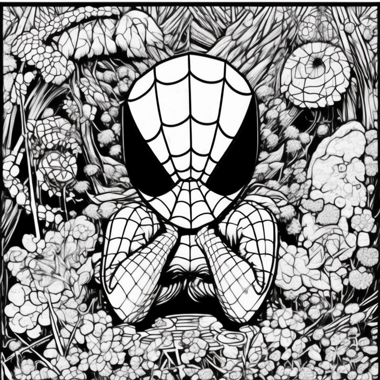 Spiderman in a fairy house in a garden coloring page