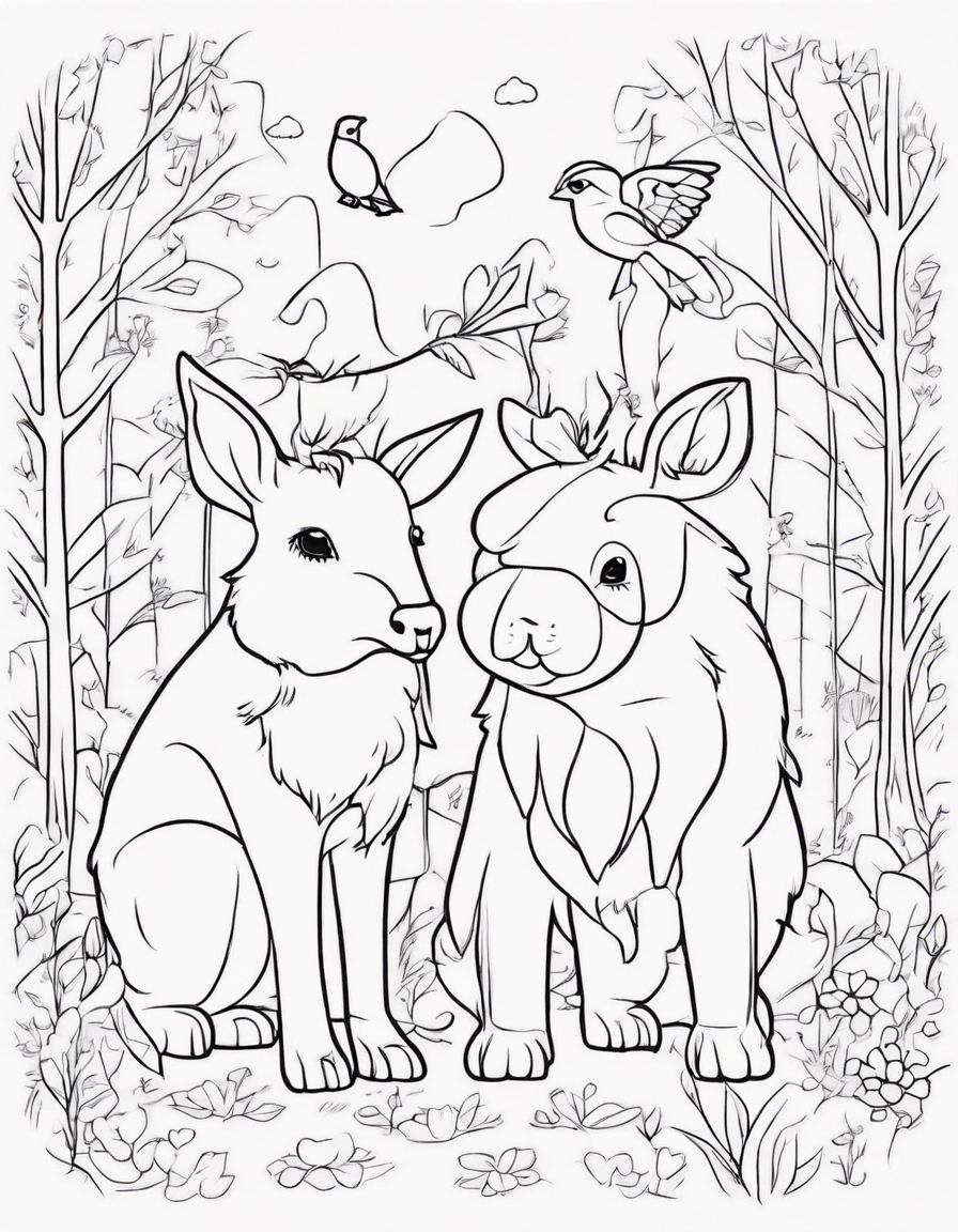 "Lovely Animal Friends": Create a coloring book featuring cute animals exchanging Valentine's Day cards and gifts, set in a charming woodland or farm scene. coloring page