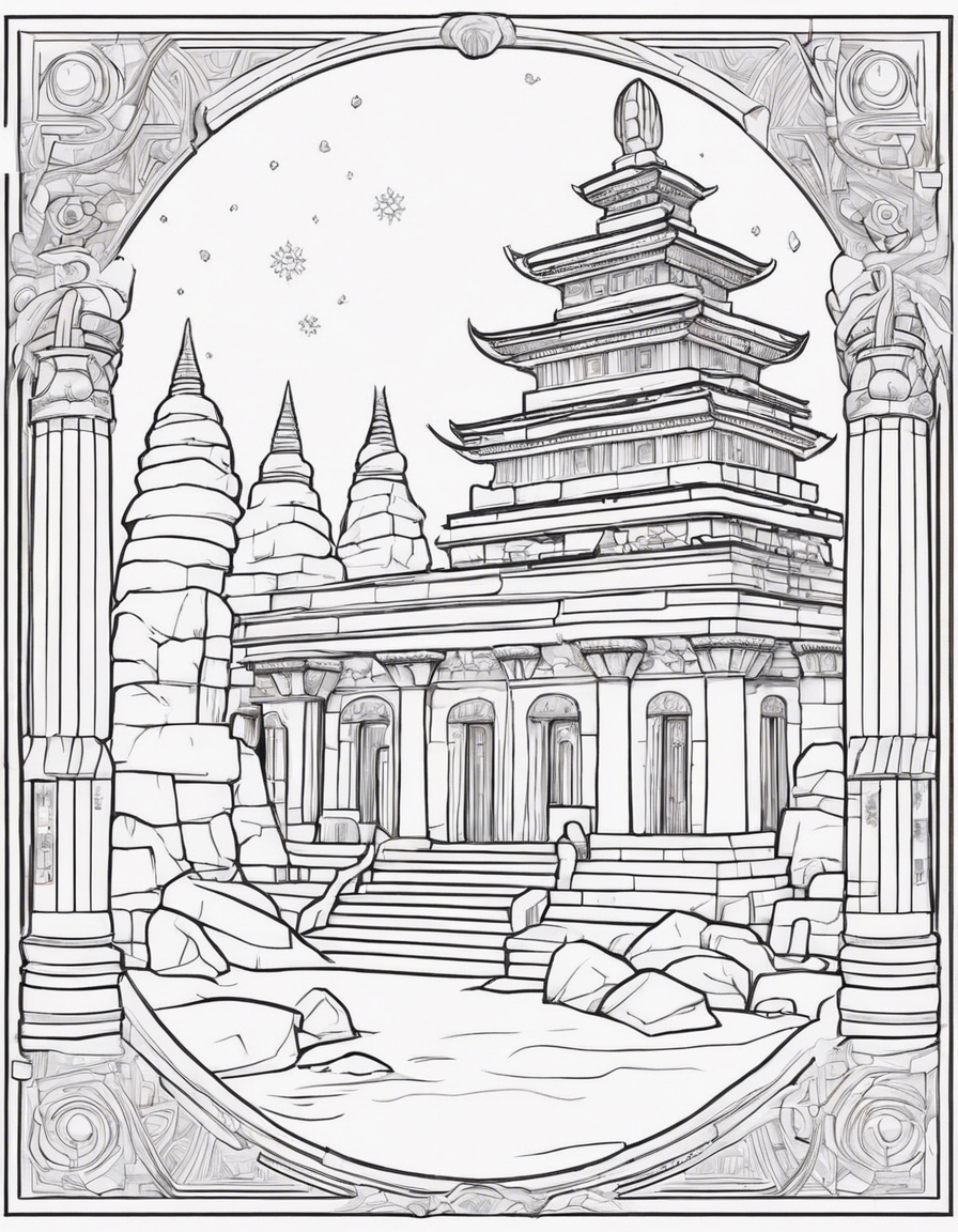 "Draw a scene of an ancient winter temple, with towering stone pillars and intricate ice sculptures coloring page