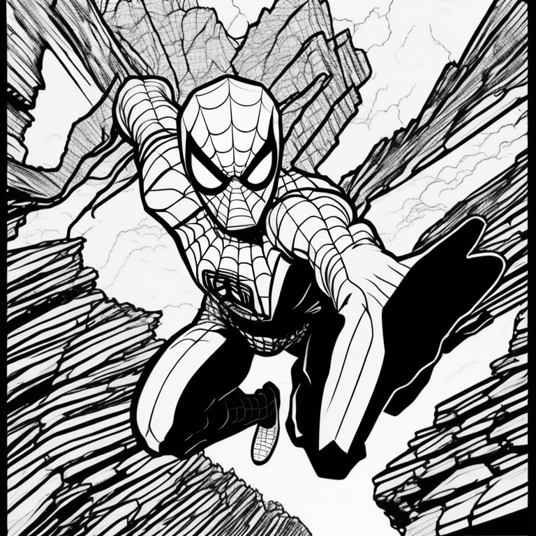 spiderman flying between mountains coloring page