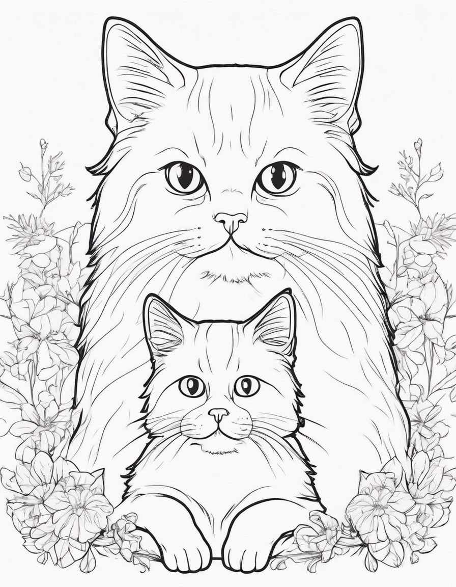 persian cat friends with dog, cute coloring page