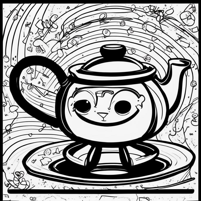 cute dancing teapot and plates on side coloring page