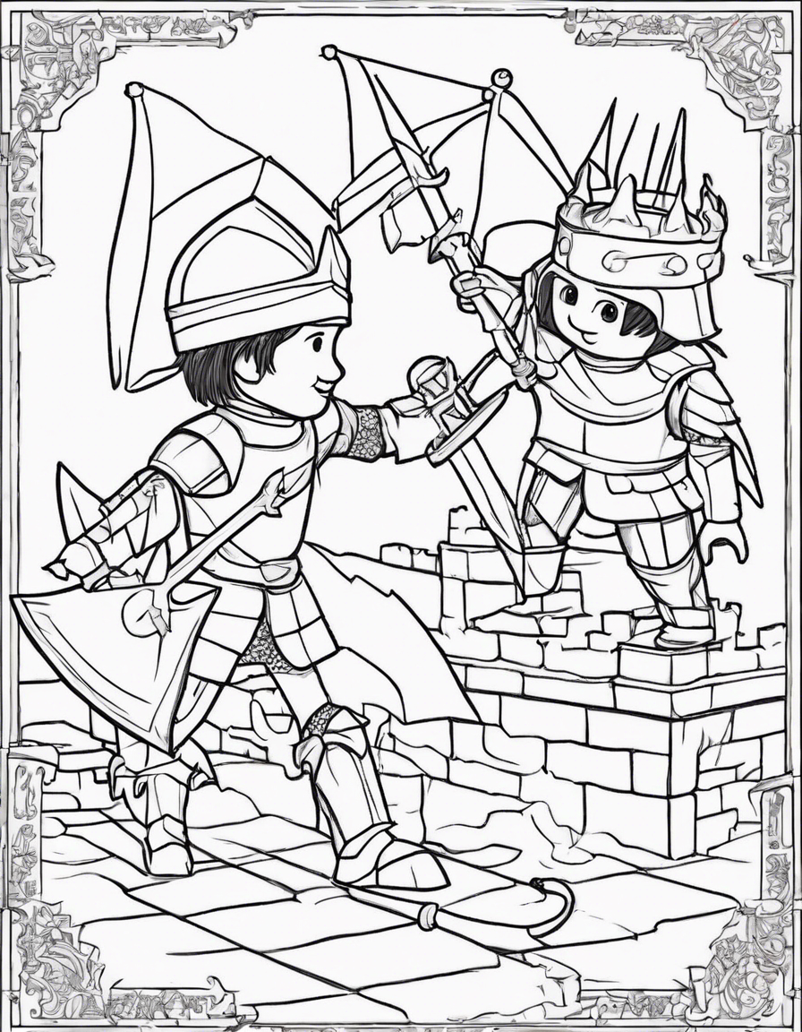 a boy playing with a playmobil knight, a girl playing with a dragon. Knigh and dragon are fighting on the battlements of a castle coloring page