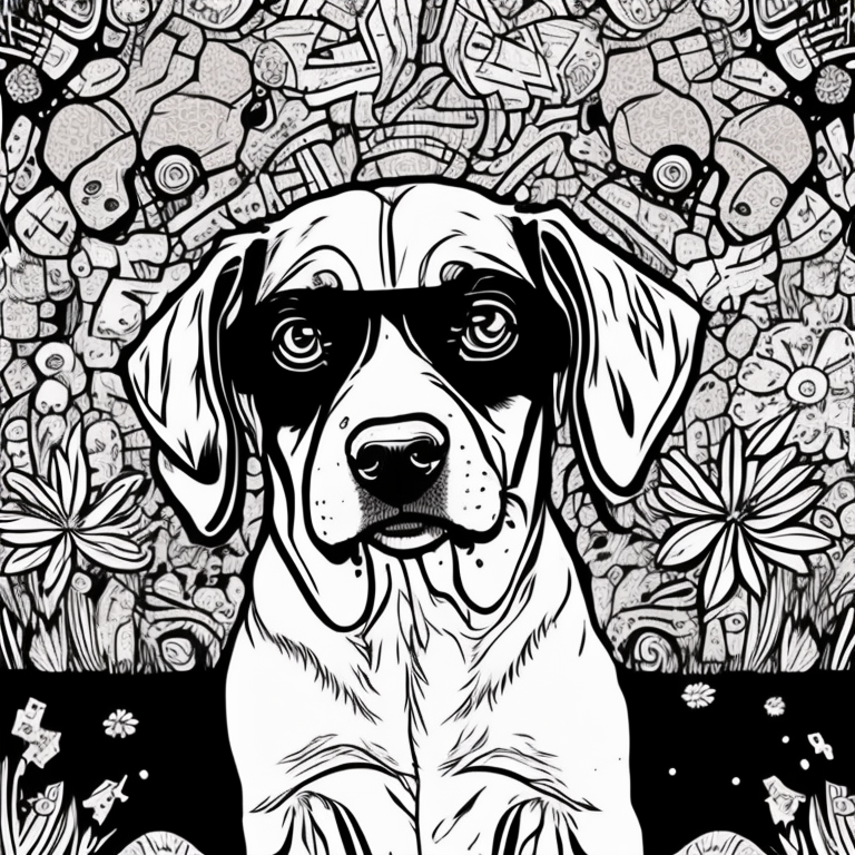 Desenho de Beagle para colorir com linhas pretas finas, fundo branco contendo pequenas margaridas e folhas soltas 