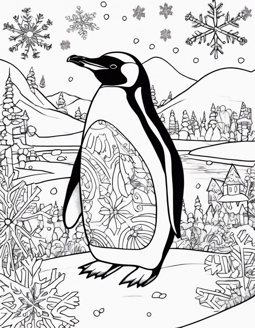 Penguin, "Penguin Parade Wonderland: Join our adorable penguin friends in a winter wonderland filled with icy landscapes and snow-covered peaks. Picture a scene where playful penguins waddle and slide, surrounded by snowflakes and chilly charm. Unleash your coloring magic as you add lively colors to create a delightful setting for our frosty friends. Join the penguin parade and make this snowy adventure come to life with your favorite hues!" coloring page