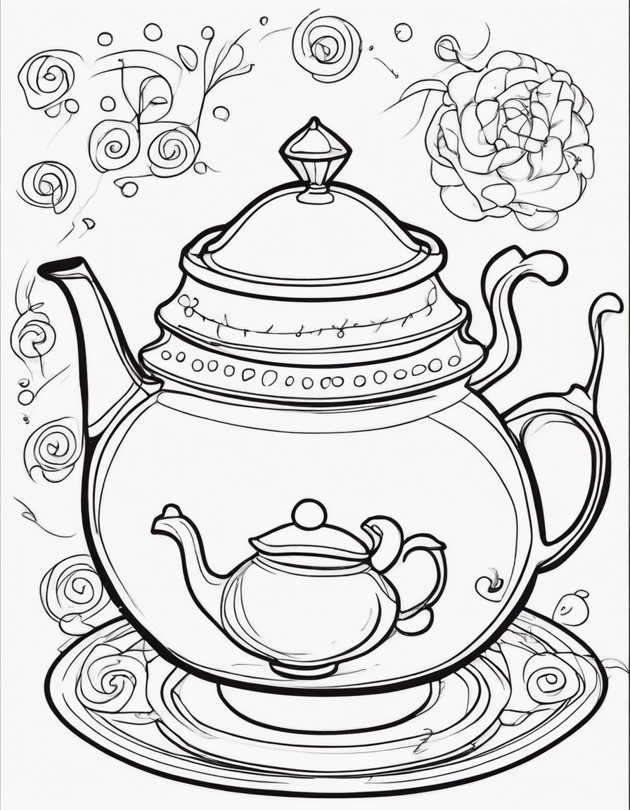 cute dancing teapot and plates on side coloring page