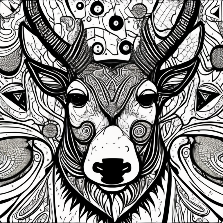 Macro, Geometric, DEER face built out of 3-dimensional Helical Prism and Paisley shapes coloring page