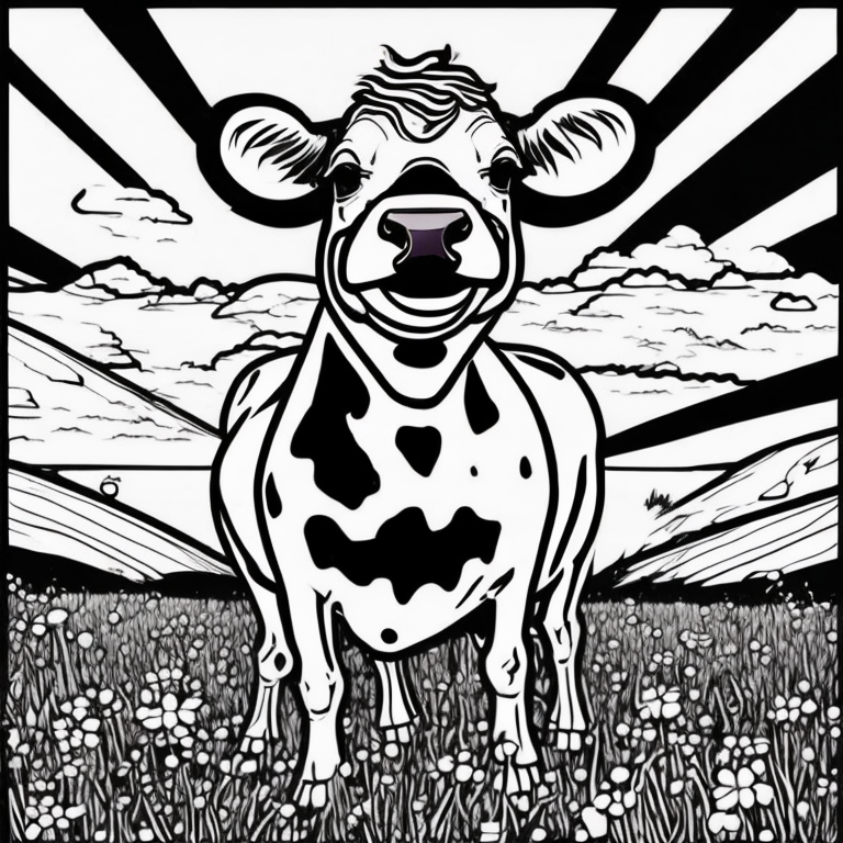 happy cow eating on the field on a sunny day coloring page