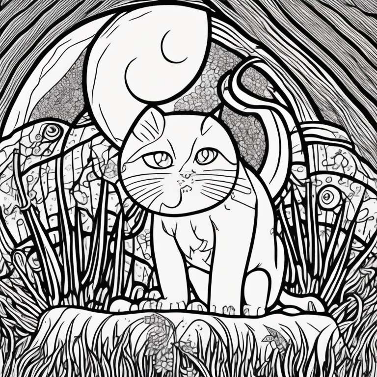 Design an adult coloring page depicting the shadow cat atop a moonlit mountain, with nocturnal winds swirling around. Utilize a continuous line drawing style with simple lines, suitable for easy coloring while maintaining a realistic approach. Capture the essence of balance and transcendence through minimalist details and a serene ambiance. Present the image in black and white against a white background, aligning with the contemporary aesthetic trends seen on platforms such as ArtStation. Ensure a clear focus and intricate composition, providing colorists with an engaging and spiritually uplifting coloring experience. coloring page