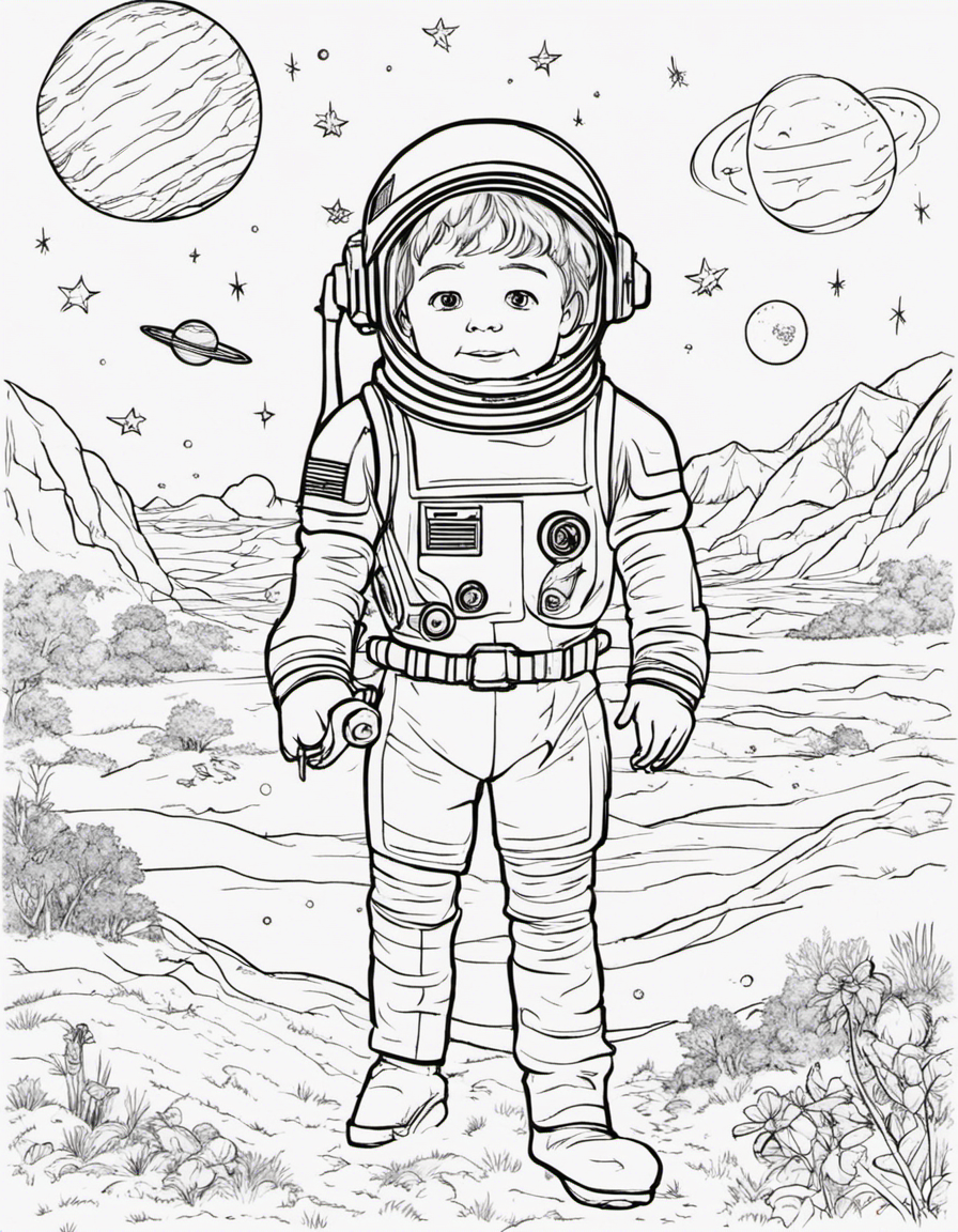 “The Little Astronaut” Once upon a time, in a small town named Clovis, lived a curious and adventurous 5-year-old named Alex. Alex loved everything about space - the stars, the planets, and especially spaceships!  One night, as Alex was looking at the stars through his telescope, he saw a tiny spaceship falling from the sky. It landed in his backyard with a soft thud. Alex ran outside and found a miniature spaceship! It was just his size.  With a heart full of excitement, Alex climbed into the spaceship. To his surprise, it started up with a gentle hum. The spaceship lifted off the ground and zoomed into the starry sky.  First, they visited Mars, the Red Planet. Alex saw towering volcanoes and deep canyons. He even got to play in the red Martian sand.  Next, they flew to Saturn. Alex was amazed by its beautiful rings made of ice and rock. He even got to dance on one of the rings!  Then they visited Jupiter, the largest planet in our solar system. Alex was fascinated by its swirling storms and colorful clouds.  Finally, they reached the farthest planet from the Sun - Neptune. It was a beautiful blue color, just like Earth’s oceans. Alex felt a bit homesick looking at it.  After visiting all these wonderful planets, Alex decided it was time to go home. He thanked the spaceship for the amazing adventure and promised to take care of it.  When he landed back in his backyard, his parents were waiting for him. They had been watching his incredible journey through the telescope. They hugged him tight and told him how proud they were of their little astronaut.  From that day forward, Alex had amazing stories to tell his friends about his space adventures. And every night, he would look up at the stars and wave at the planets he had visited.  And so, our little astronaut continued to dream about his next big adventure in space.  I hope you enjoyed this story! Remember, always reach for the stars! coloring page