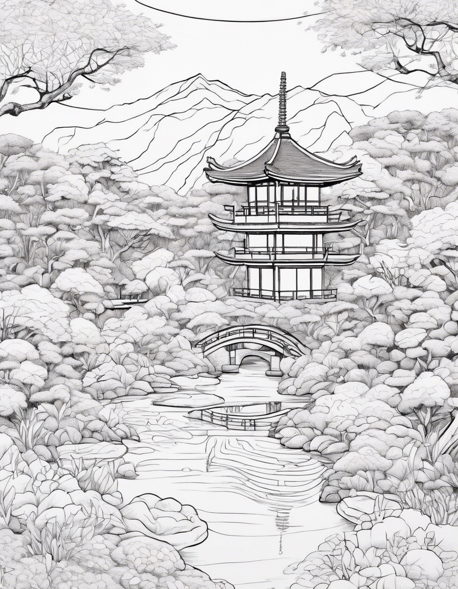 tranquil Japanese garden amidst chaotic storm coloring page