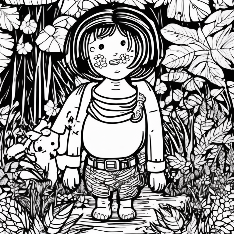 a cute girl in jungle coloring page