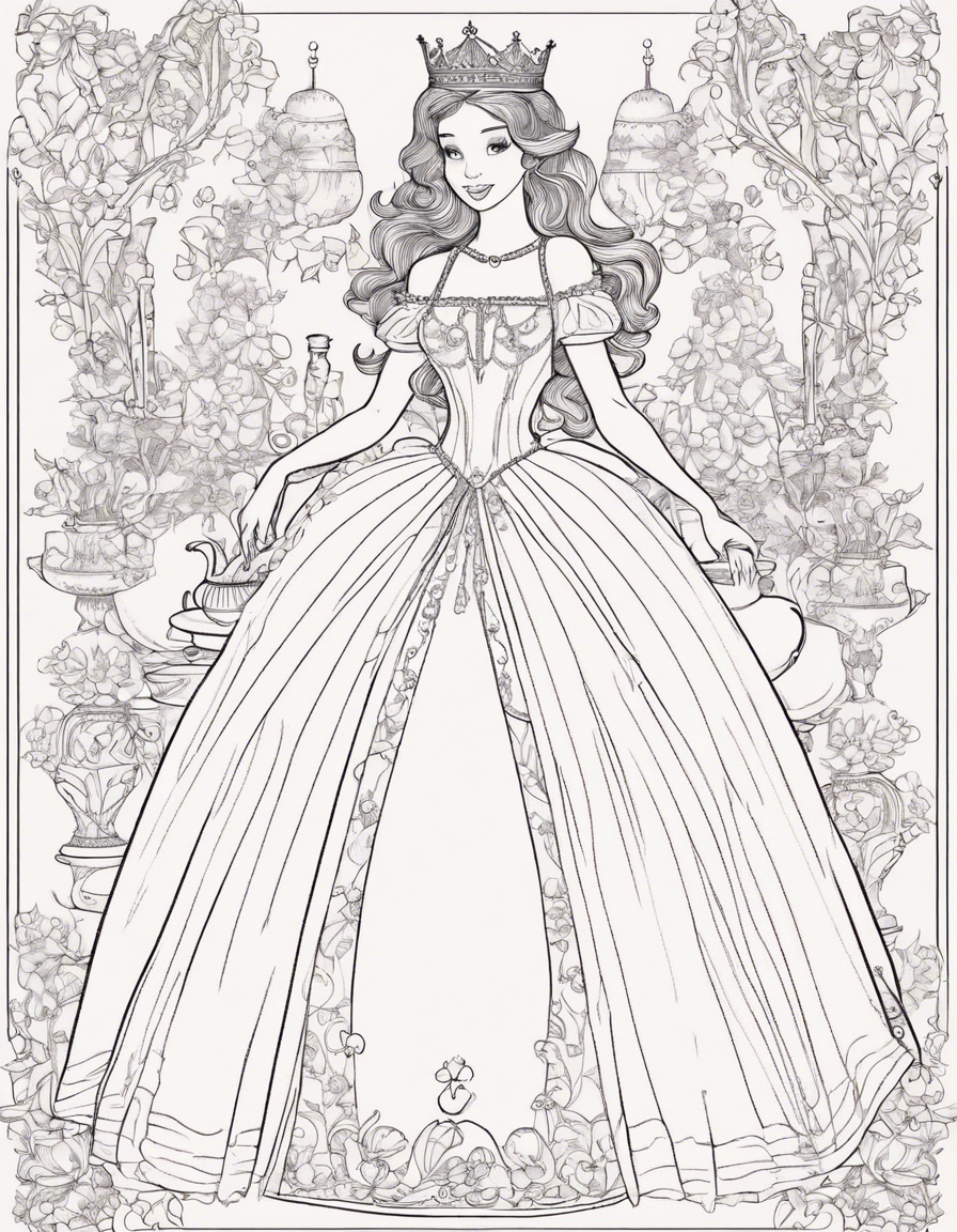 Princess: The central figure of the illustration should be a princess drinking tea or holding a cup. She can be depicted wearing a beautiful gown or dress, with a crown or tiara on her head to signify her royalty. Tea Set: Include a tea set with a teapot, teacup, and saucer. The tea set can be ornate and elegant, reflecting the princess's refined taste. Flowers: The illustration should have an abundance of flowers surrounding the princess. Use a variety of colorful flowers like roses, daisies, tulips, and lilies to create a vibrant and enchanting atmosphere. Tea Party Setting: Create a cozy and picturesque scene by including a table or picnic blanket with a floral tablecloth where the princess can enjoy her tea. Add teacups, plates, and utensils to enhance the tea party ambiance. Nature Elements: Incorporate natural elements like trees, bushes, grass, or a meadow in the background to give the illustration depth and context. This will also complement the princess's surroundings in the flower-filled environment. Butterflies and Birds: To add an extra touch of whimsy, include butterflies fluttering around the flowers or birds perched on branches nearby. This will bring life to the illustration and create a sense of movement. Delicate Details: Pay attention to small details, such as the princess's facial expression, hair, and clothing details. Add intricate patterns to her attire or jewelry to make her look regal and elegant. Soft Color Palette: Opt for a soft and pastel color palette to maintain a gentle and dreamy atmosphere. Light pinks, purples, and blues can be used for the princess's dress and the flowers, while greens and browns can be used for the natural elements. Error-Free Execution: Ensure that the design is meticulously executed, with clean lines, smooth color transitions, and attention to proportion and perspective. Avoid any glaring errors or inconsistencies that may distract from the overall beauty of the illustration. coloring page